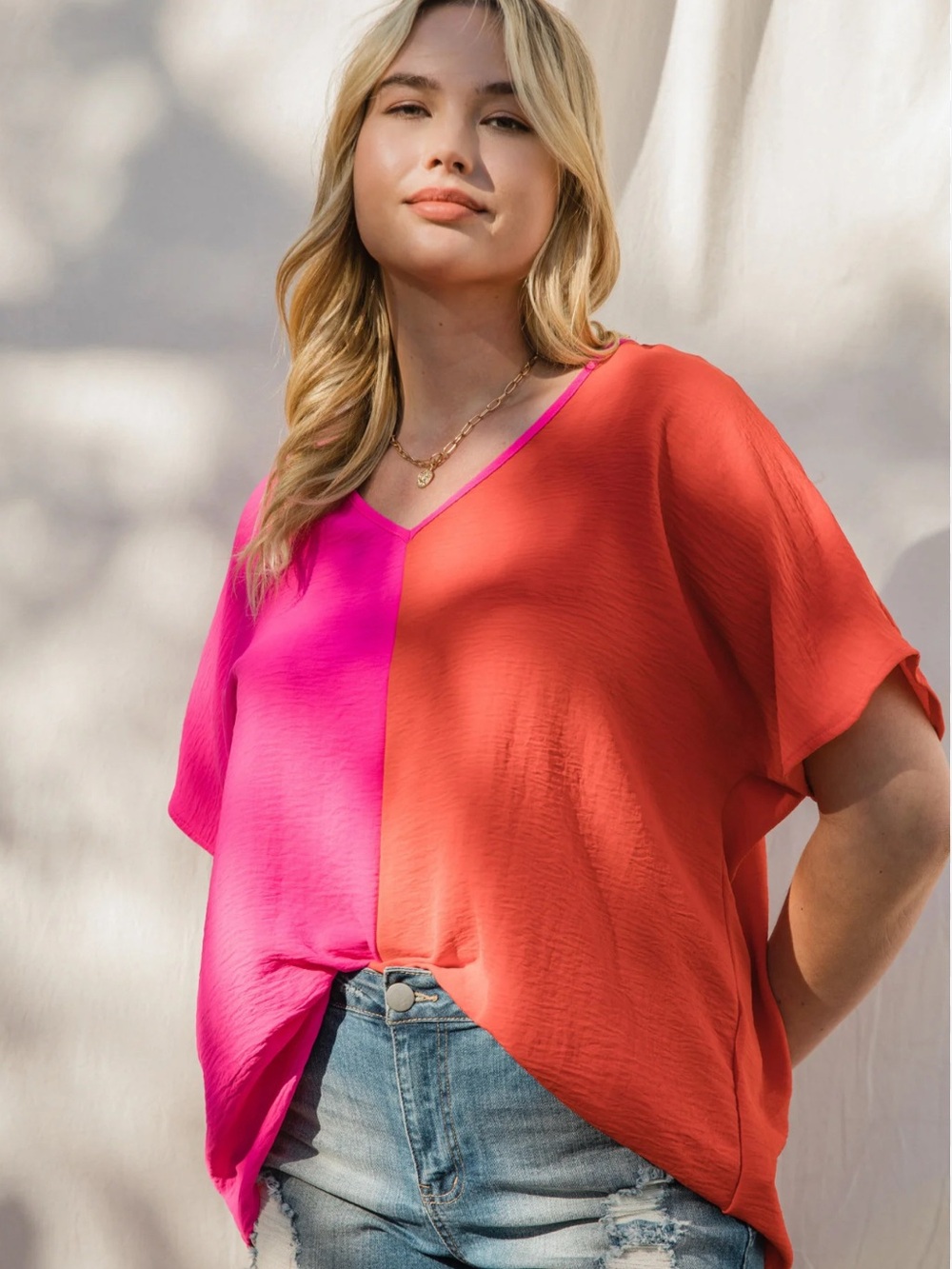 B Famous Split Orange & Pink Textured Short Sleeve XL Blouse.          3794